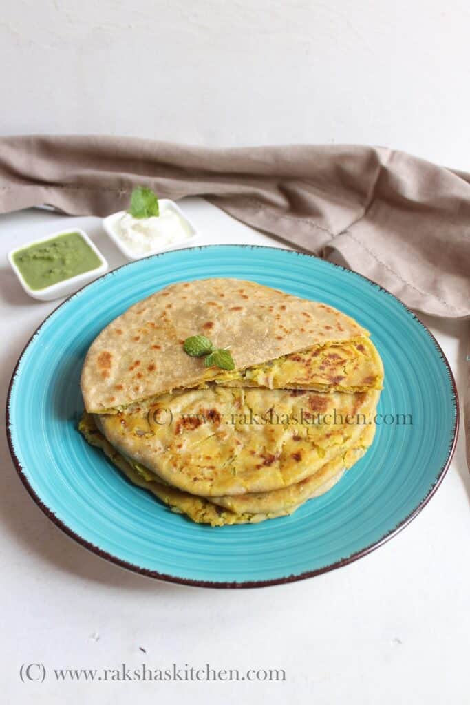 stuffed paratha with cabbage and dal